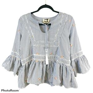 Jaase Boho Pinstripe Floral Ruffle Blouse Top - XS
